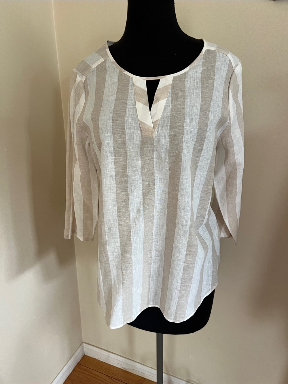 Van Heusen Striped Split-Neck Blouse - White & Beige